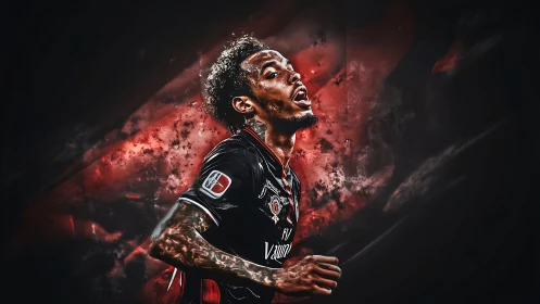 Dynamic digital portrait of soccer player in red smoke art