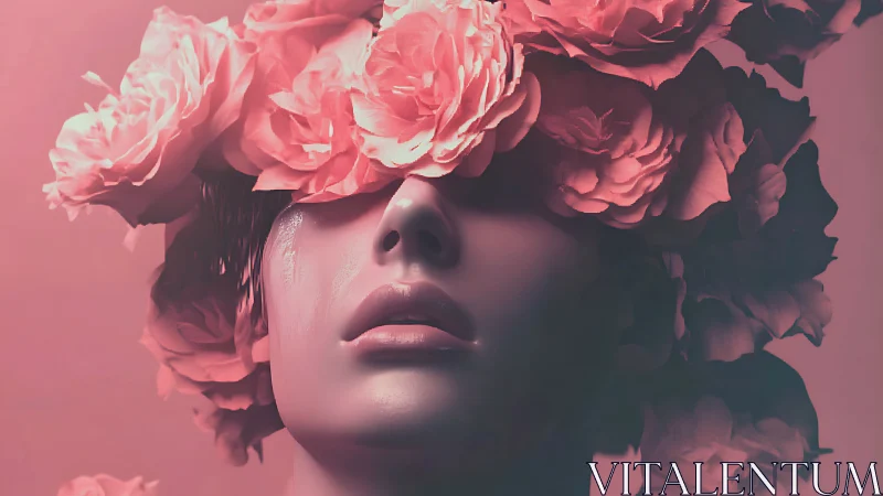Surreal close-up of mannequin face covered in pink roses.