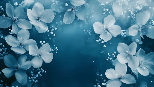 Cerulean Whispers: Five-Petaled Dreams Float Through Azure Reverie.
