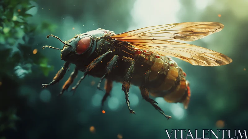 Giant hornet hovers in forest light with translucent wings