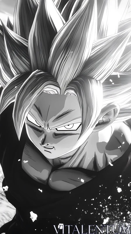 Intense anime warrior close up in monochrome power pose.