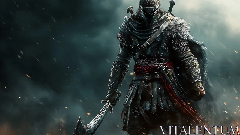 Lone armored warrior standing bold in swirling battle smoke.