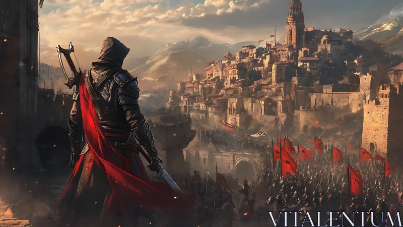 Hooded warlord surveys a crimson siege-torn mountain citadel.