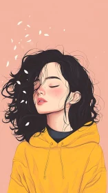 Serene girl in yellow hoodie drifts in soft pastel petals