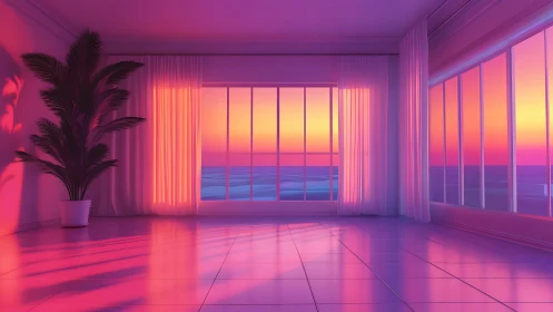 Minimalist oceanfront room with neon sunset glow lighting.
