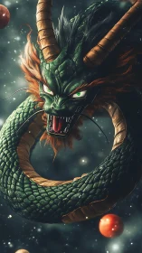 Mythic emerald dragon coiled in sparkling cosmic starlight.