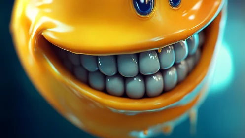Hyperreal glossy smiley face closeup with exaggerated teeth