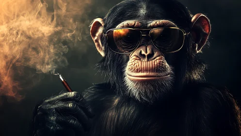 Smoke-crowned chimp in shades lounges in cinematic swagger.