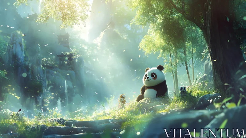 Digital painting of pandas in ethereal misty bamboo valley scene.