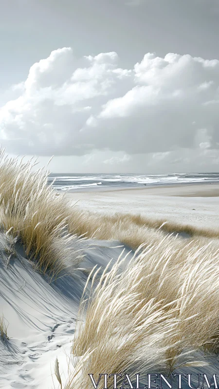 Coastal sand dunes with windswept marram grass under stratocumulus clouds