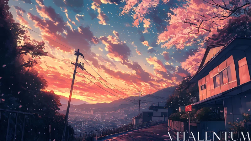 Twilight hillside street with sakura canopy and glowing skyline.