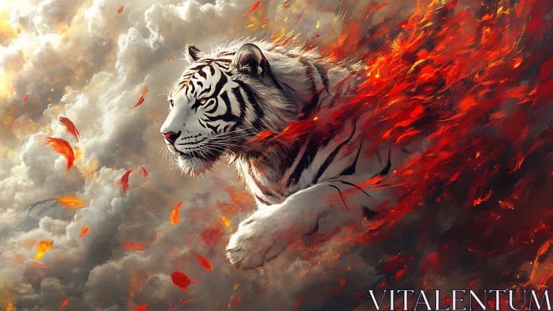 White tiger of fire and cloud drifting through embers.
