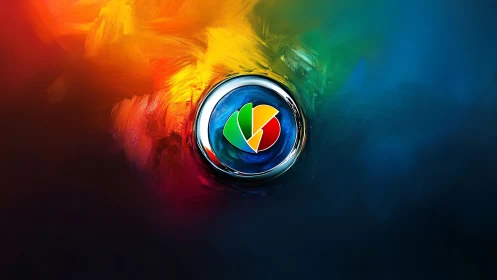 Color wheel emblem radiates across abstract gradient field.