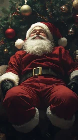 Relaxed Santa Claus resting in front of decorated tree.