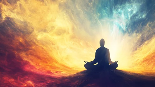 Silhouetted mystic meditating in a swirling cosmic sunrise.