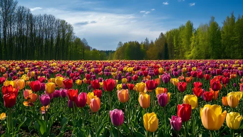 Colorful tulip field glowing beneath a bright spring sky.