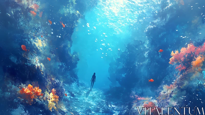 Solitary diver moving through bright coral canyon seascape.