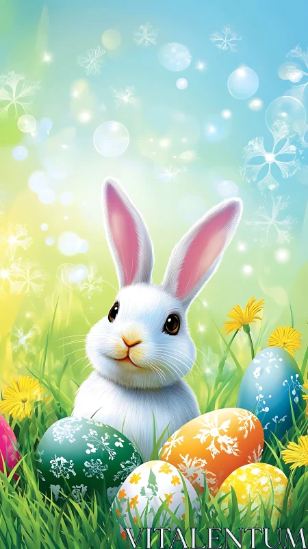 Bright-eyed spring rabbit among enchanted Easter eggs.