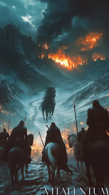 Mounted warriors approach burning fortress in winter landscape.