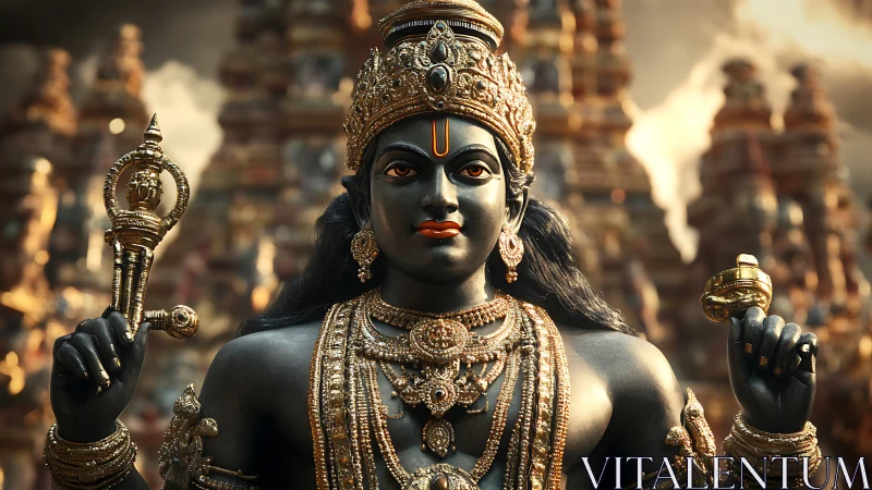 Regal temple deity radiates calm strength in golden light