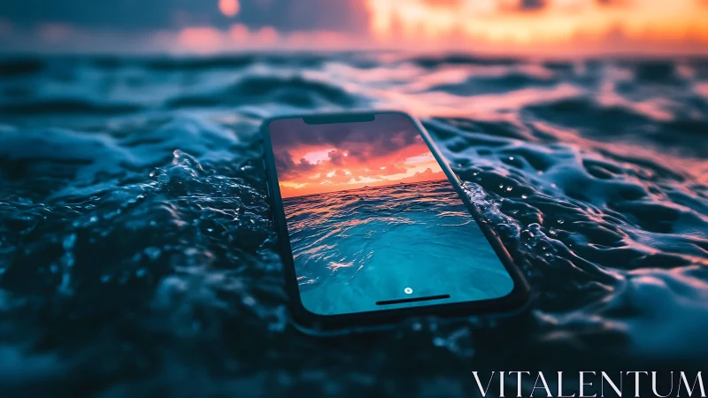 Smartphone partially submerged in ocean water at sunset
