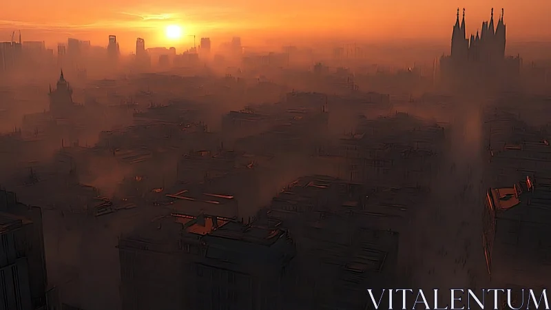 Sunset haze bathes distant cathedral over dense city