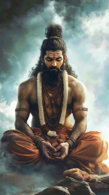 Meditating Hindu sage amid clouds in divine stillness.
