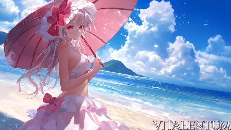 Anime girl with pink umbrella on bright coastal beach.