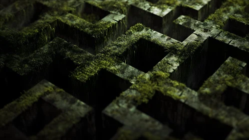 Moss-Covered Stone Maze in Dramatic Cinematic Lighting.