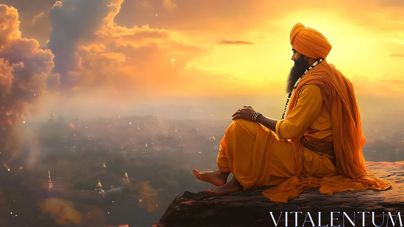 Sunlit ascetic observing hazy cityscape under volumetric clouds