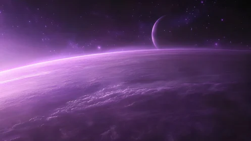 Digital painting of violet exoplanet horizon with crescent moon.