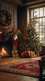 Cozy Christmas tree glows beside a crackling fireside hearth