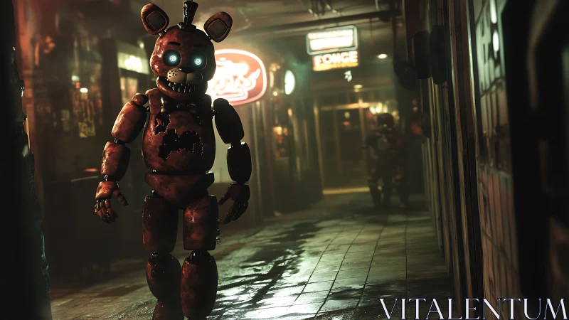 Damaged bear animatronic walking in dim neon hallway.