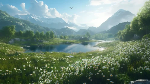 Mountain valley lake with wildflower meadow in daylight.