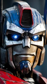 Battle-worn robotic head with illuminated optic systems.