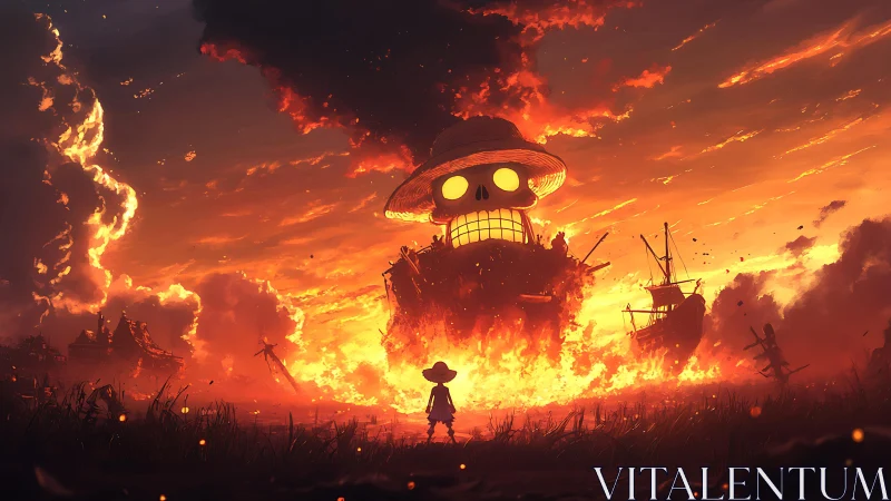 Fiery skull warship dominates burning horizon at dusk.
