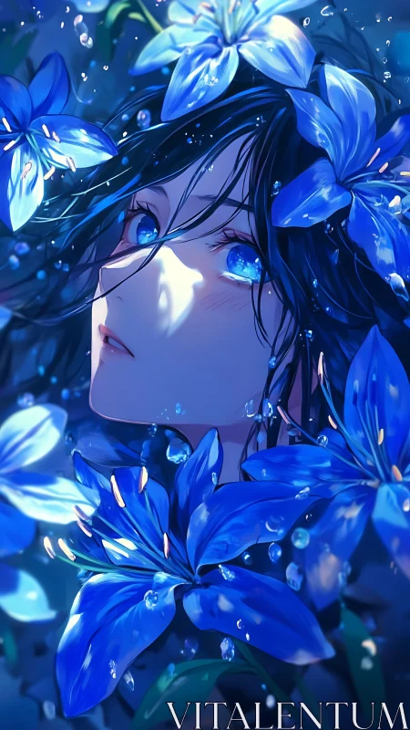 Blue-haired figure surrounded by saturated blue lilies in rain.