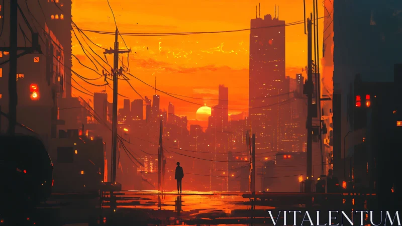 Solitary figure walks toward blazing cyberpunk city sunset