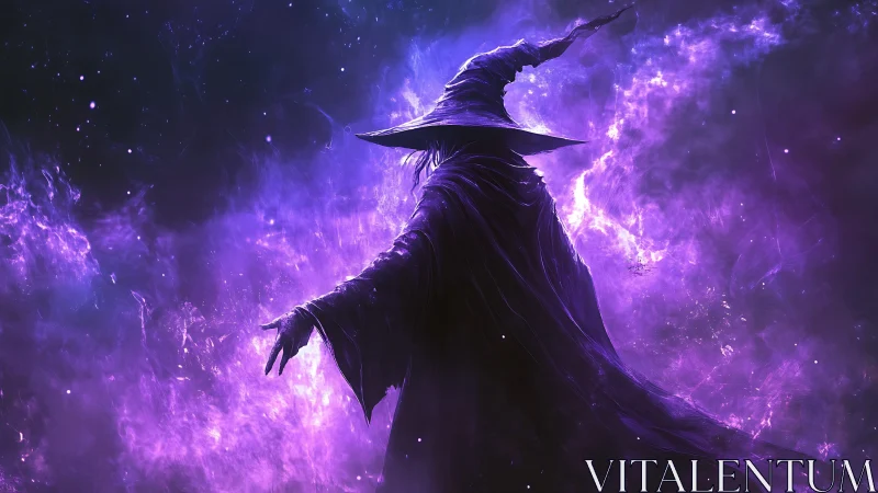 Stargazing wizard draped in swirling violet cosmic fog.