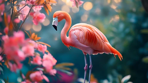 Neon-lit flamingo stands amid bokeh-lit botanical bloomscape