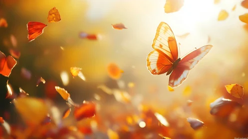 Sunlit butterfly glides through swirling autumn petal storm