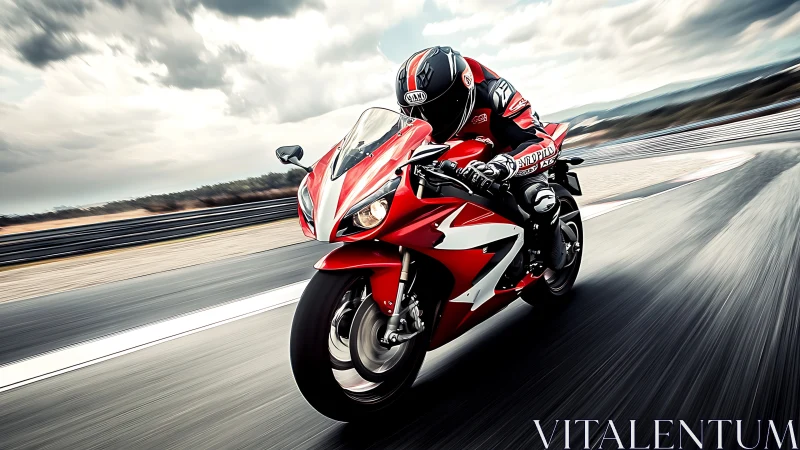 Red superbike leaning into speed on dramatic racetrack curve.