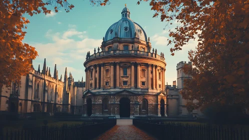 Golden autumn light warmly embraces a grand domed library