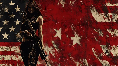 Silhouetted armed woman stands before distressed US flag