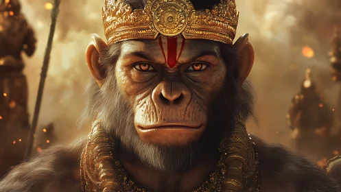 Regal monkey warrior in ornate golden crown and armor.