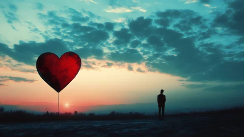Silhouetted figure observes heart-shaped balloon against twilight sky