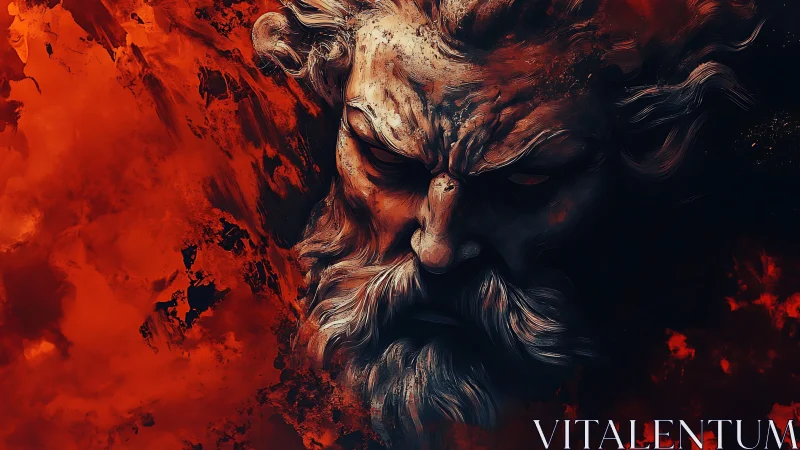 Mythic godlike visage emerging from infernal red storms.