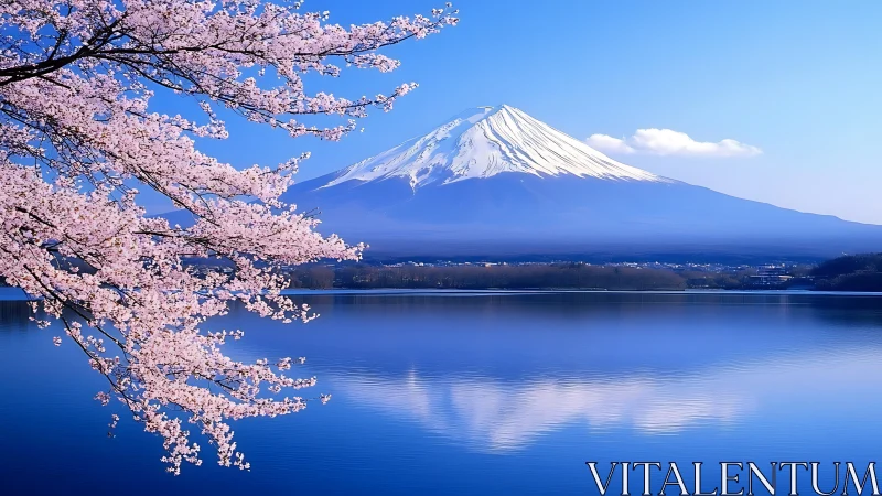 Photographic landscape of Mount Fuji with sakura foreground framing.