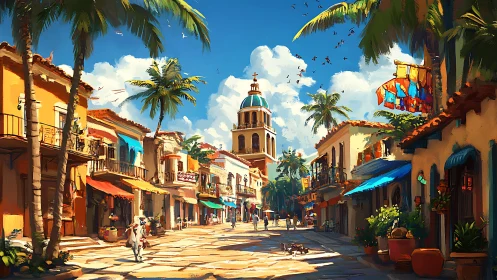 Sunlit colonial street with bell tower and palm trees.