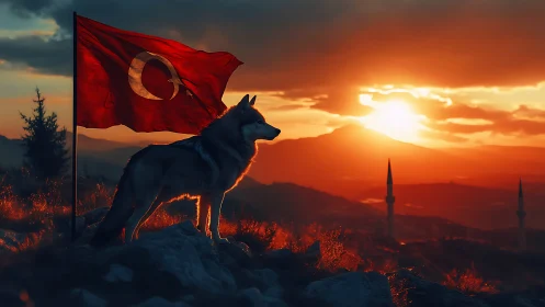 Wolf stands by Turkish flag at sunset on rocky ridge